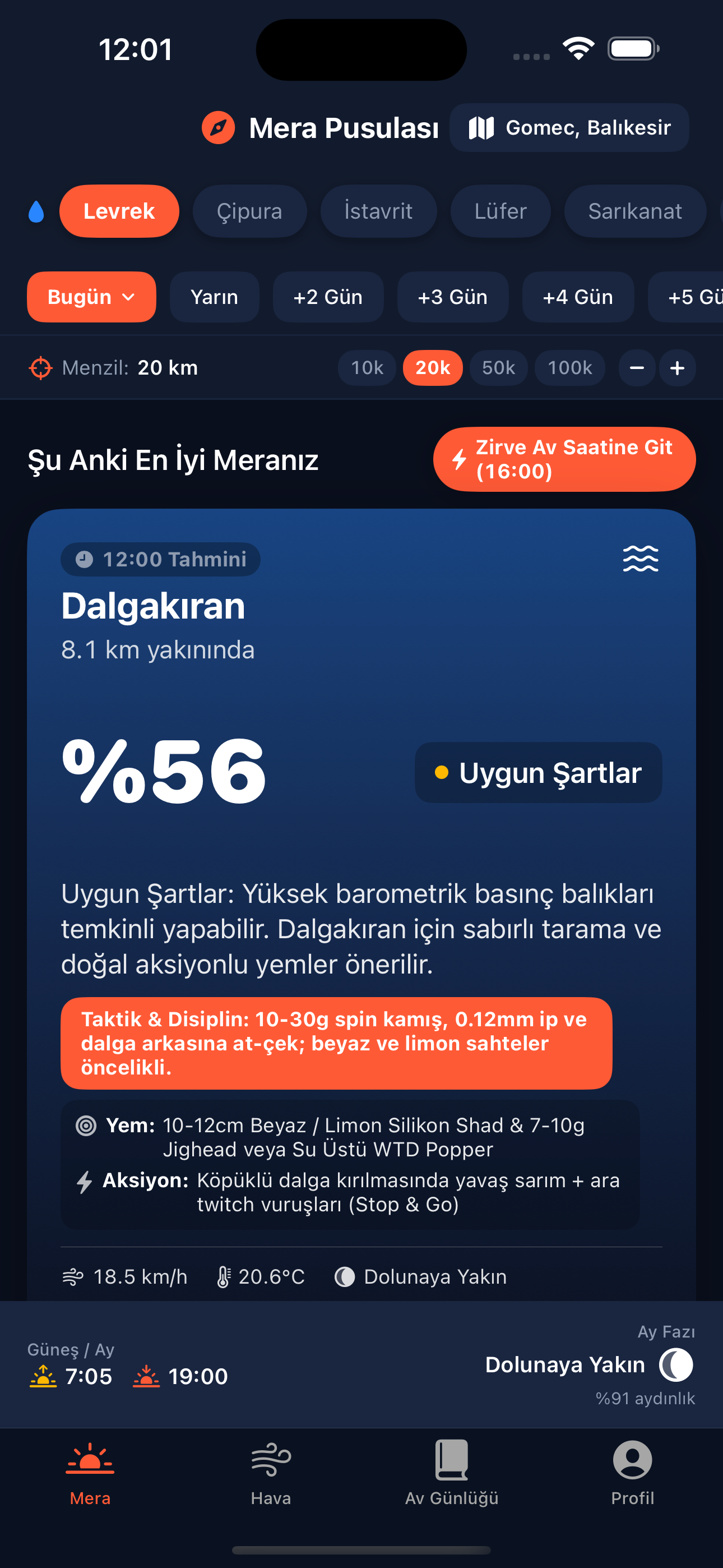 Mera Pusulası Go-Time ekranı: Levrek türü seçili, Dalgakıran merası yüzde 55 av potansiyeli skoruyla listeleniyor